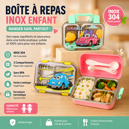 Boîte à Repas Inox 304 Enfant 3 Compartiments LIKABLE LET'S GO avec couverts inclus
