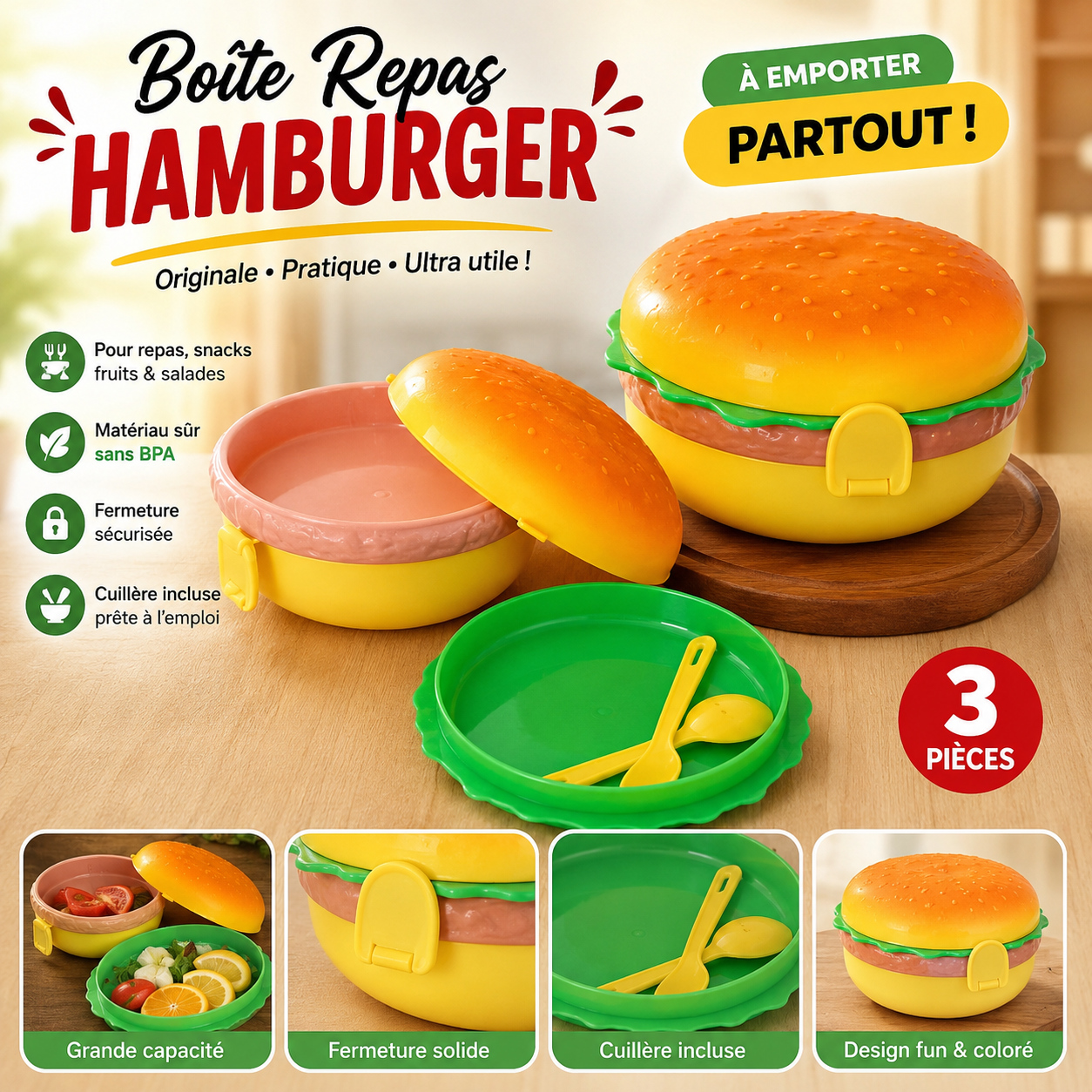 Boîte Repas Hamburger Ronde 3 Pièces Grande Capacité avec Cuillère Incluse — Design Fun