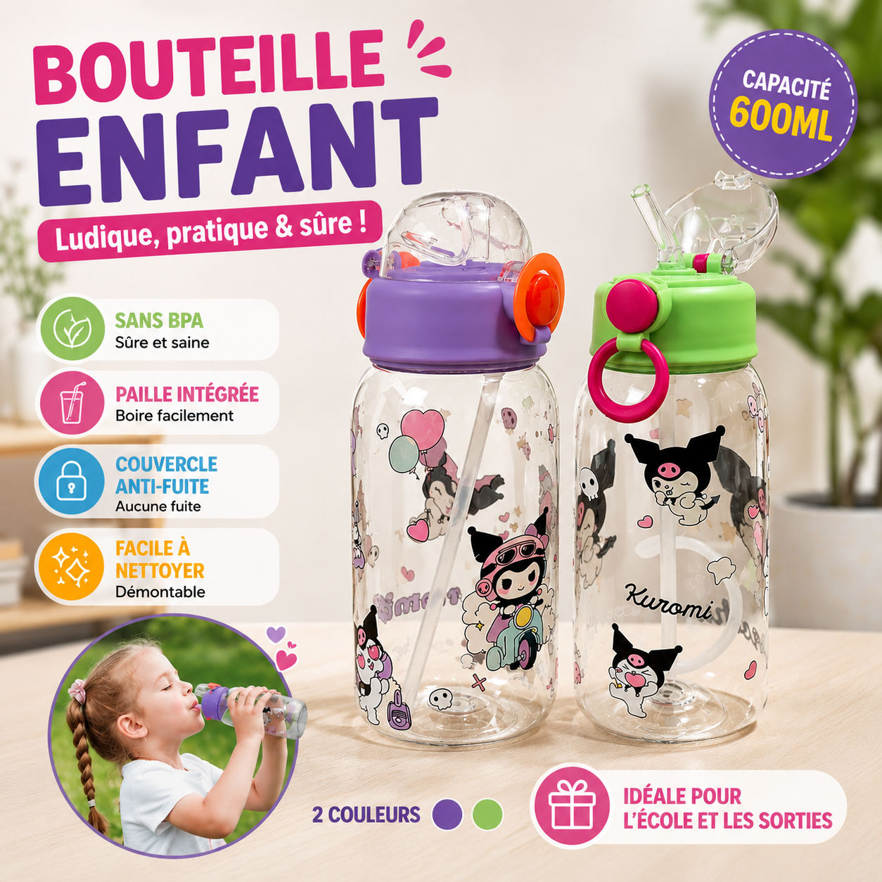 Bouteille Enfant Kuromi 600ml Paille Intégrée 2 couleurs violet et vert — Sans BPA