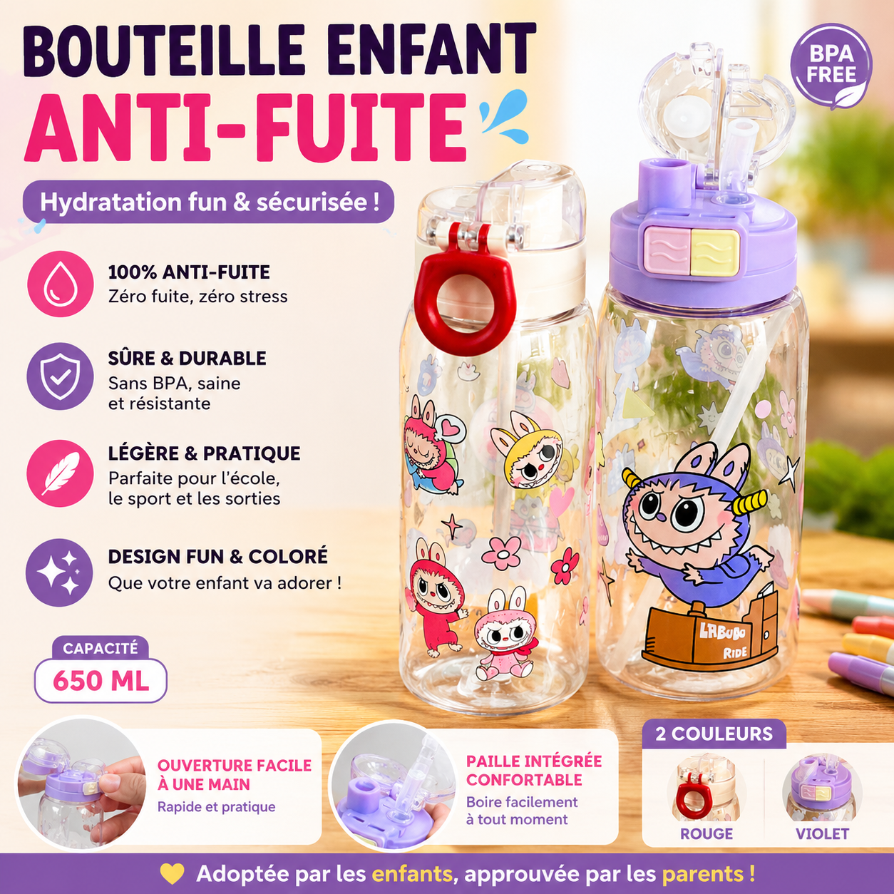 Bouteille Enfant Anti-Fuite 650ml Paille Intégrée 2 couleurs rouge et violet — Sans BPA