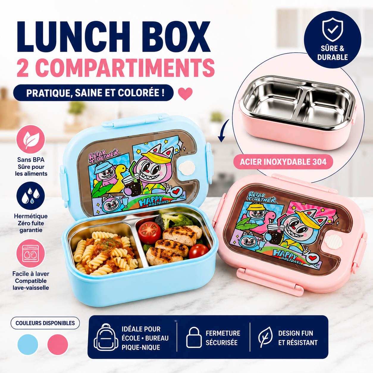 Lunch Box 2 Compartiments Inox 304 HAPPY HOLIDAYS 2 couleurs bleu et rose — Sans BPA Hermétique