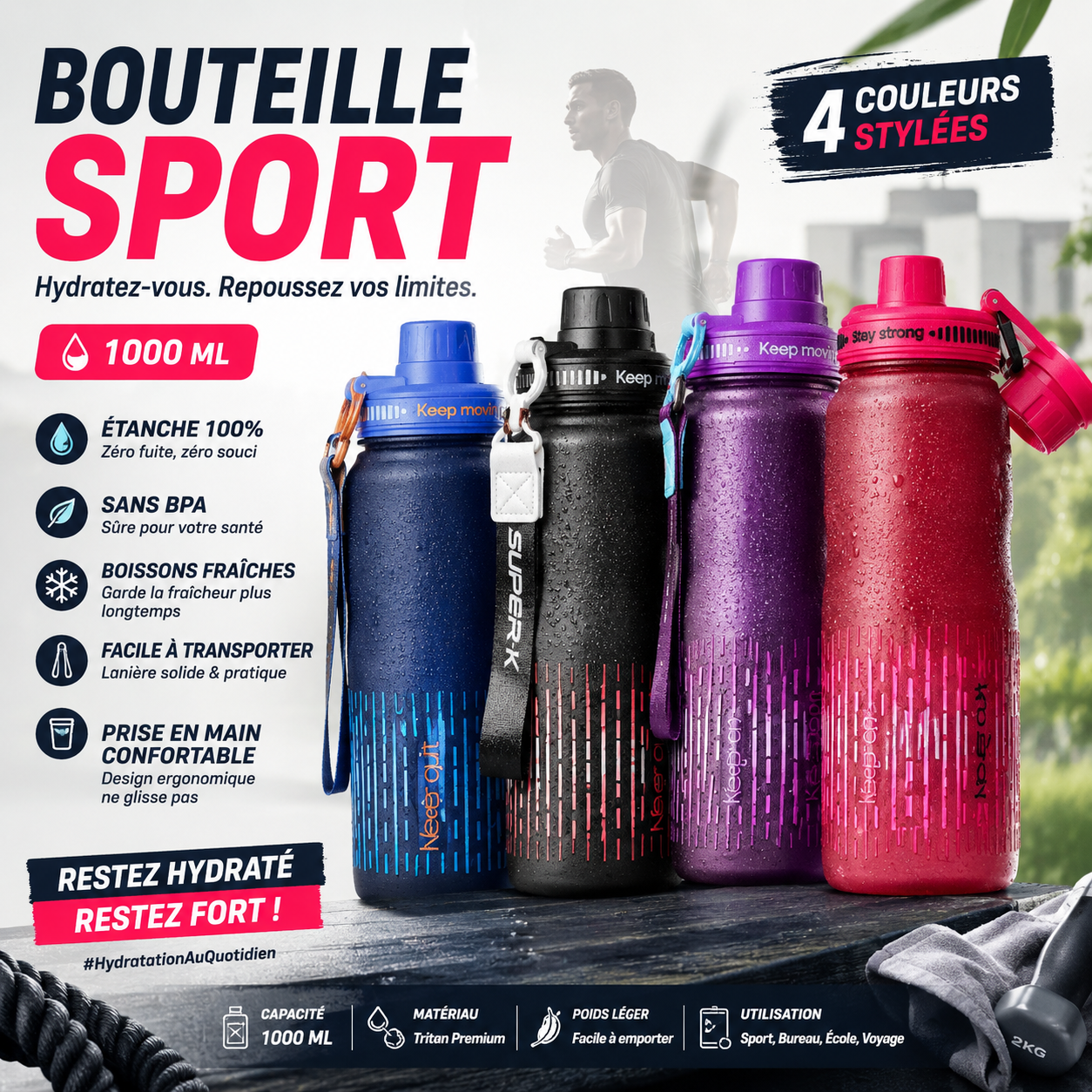 Bouteille Sport 1000ml Tritan Premium SUPER-K 4 couleurs bleu noir violet rose — Sans BPA Étanche