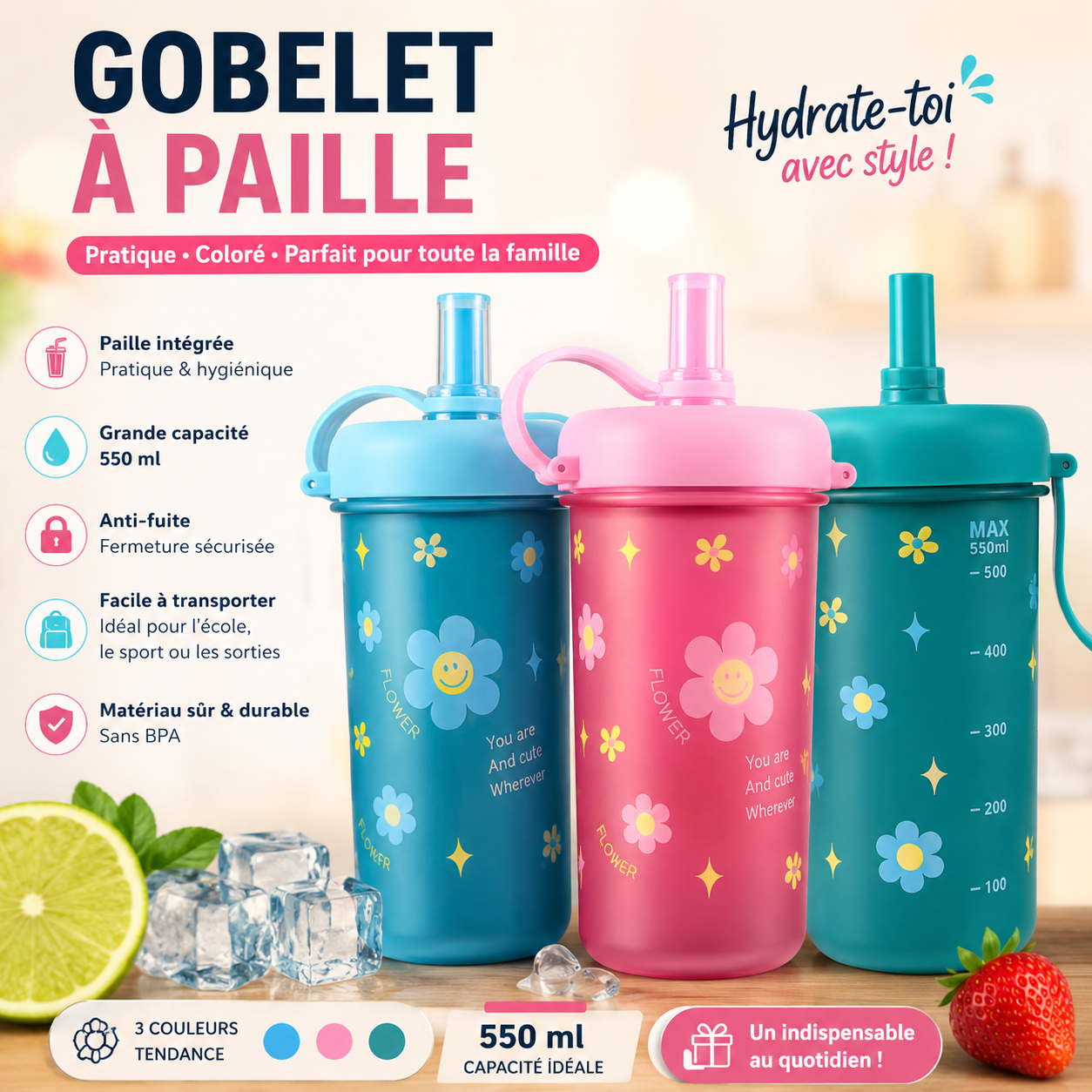 Gobelet à Paille FLOWER 550ml 3 couleurs bleu rose vert — Sans BPA Anti-Fuite