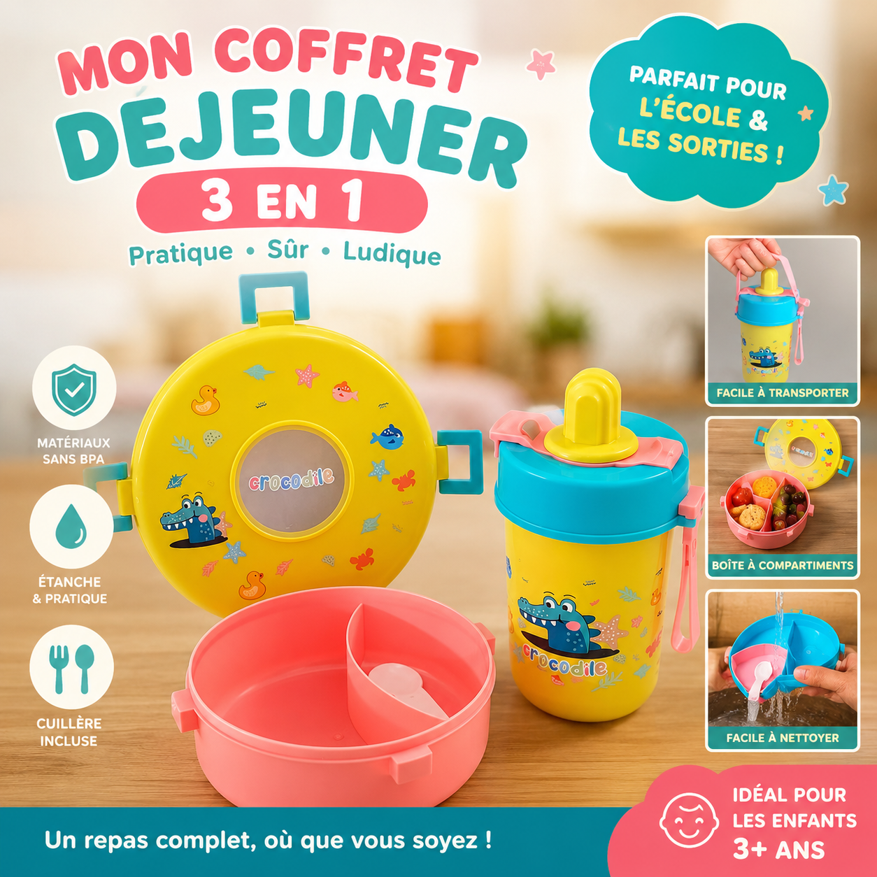 Coffret Déjeuner Enfant 3-en-1 CROCODILE boîte ronde compartiments + gourde bec + cuillère — Sans BPA