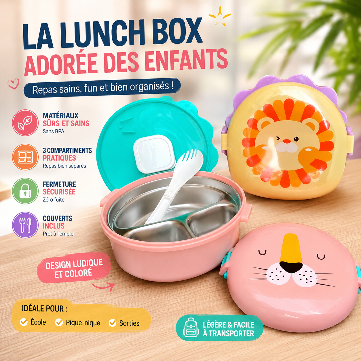 Lunch Box Ronde Animaux Enfant 3 Compartiments Inox Lion et Chat — Sans BPA Couverts Inclus