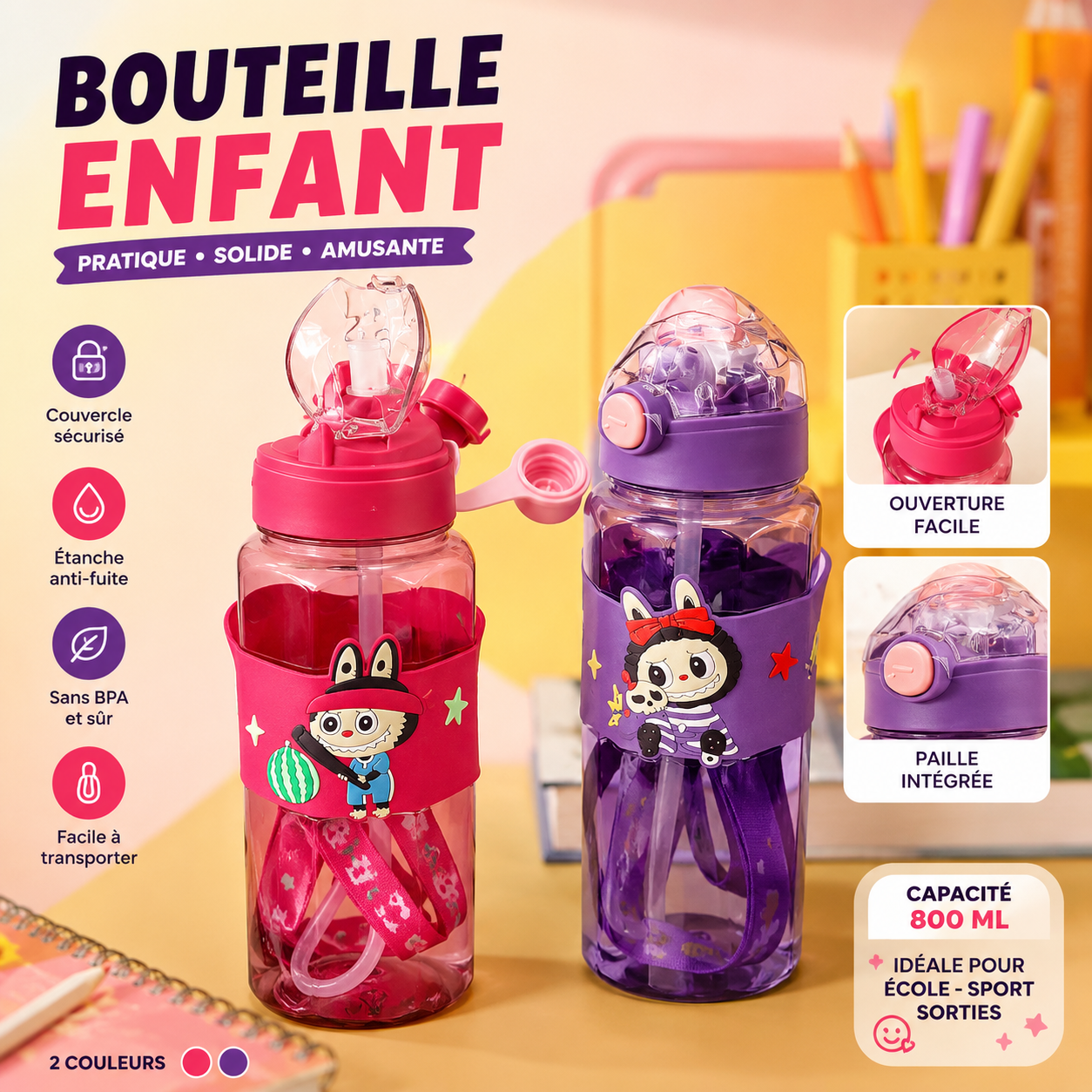 Bouteille Enfant 800ml Paille Intégrée 2 couleurs rose et violet — Sans BPA Couvercle Sécurisé