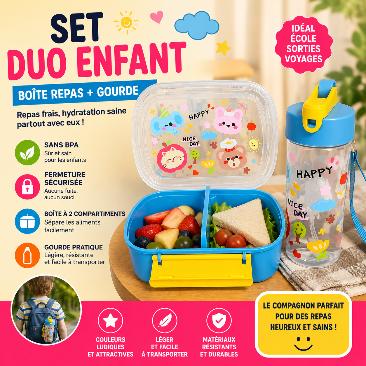 Set Duo Enfant HAPPY NICE DAY Boîte Repas 2 Compartiments + Gourde — Sans BPA Bleu Jaune