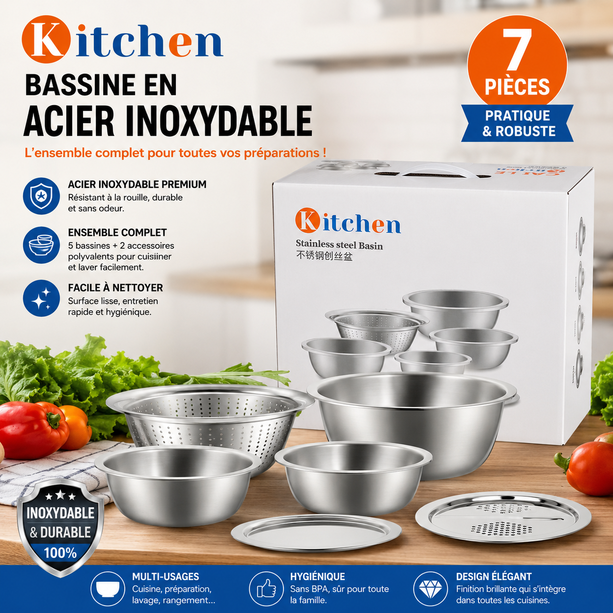 Set Bassines en Acier Inoxydable Kitchen 7 Pièces — 5 bassines + 2 accessoires, sans BPA