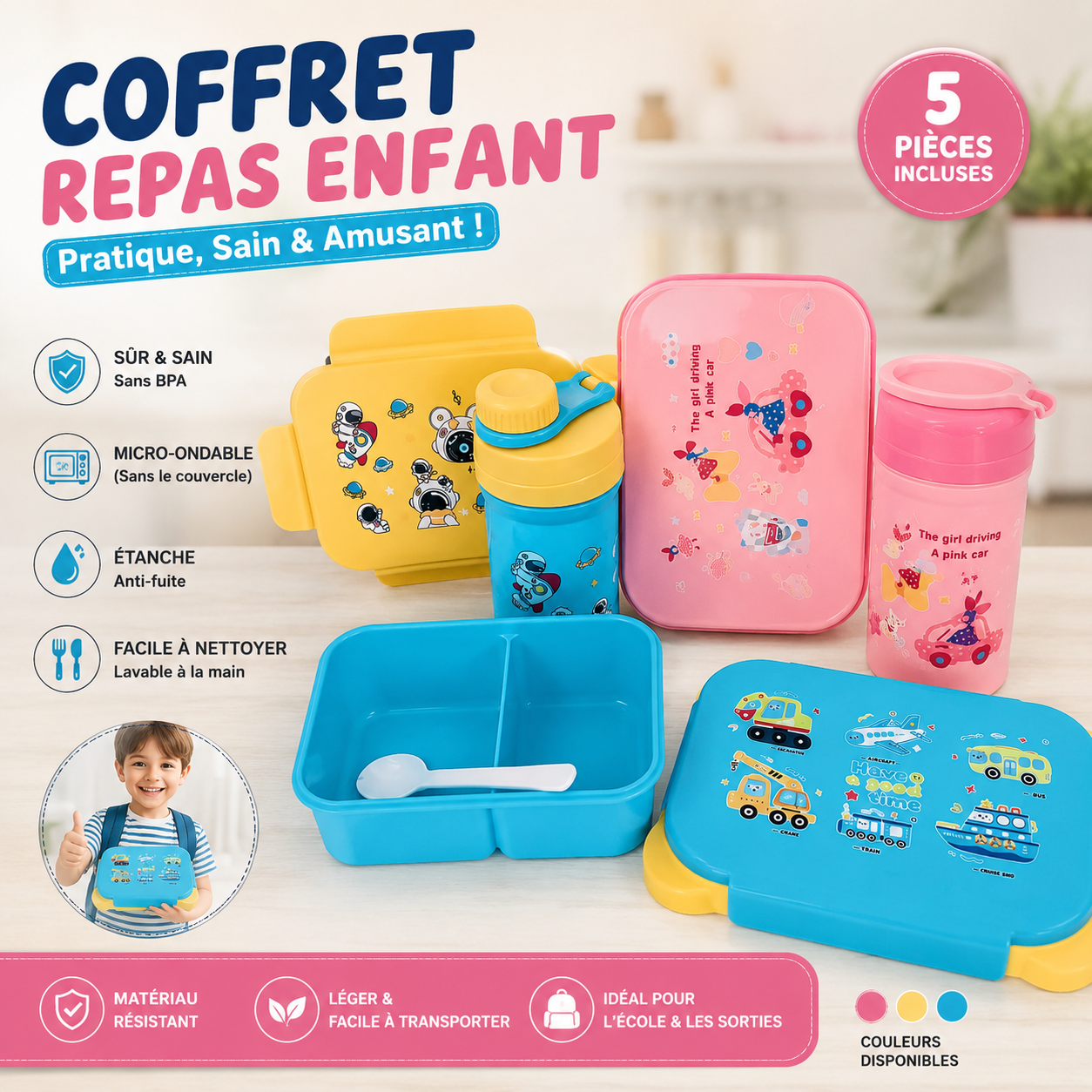 Coffret Repas Enfant 5 Pièces Sans BPA 3 couleurs rose jaune bleu — Boîte + Gourde + Cuillère
