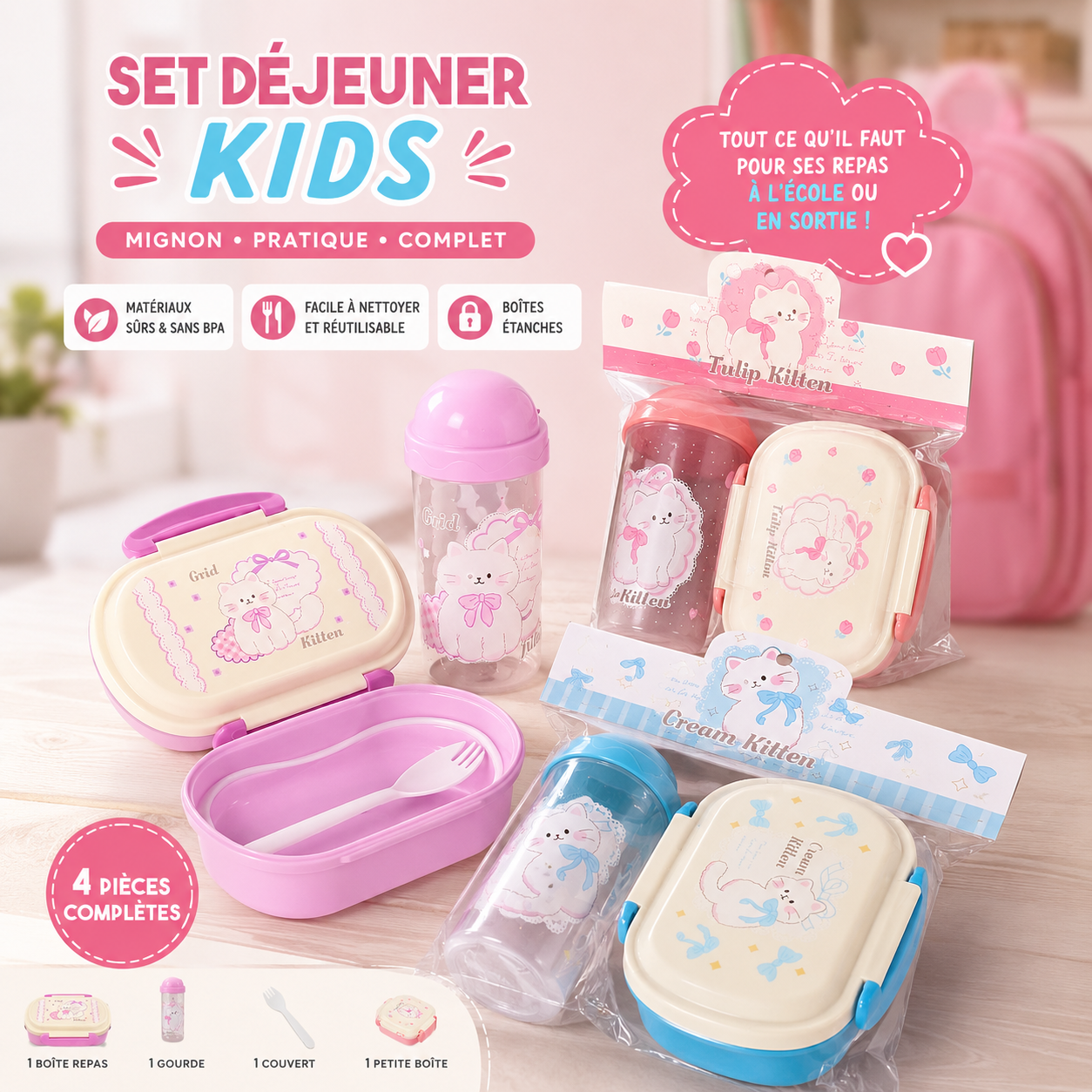 Set Déjeuner Kids 4 Pièces Tulip Kitten Rose et Cream Kitten Bleu — Sans BPA Étanche