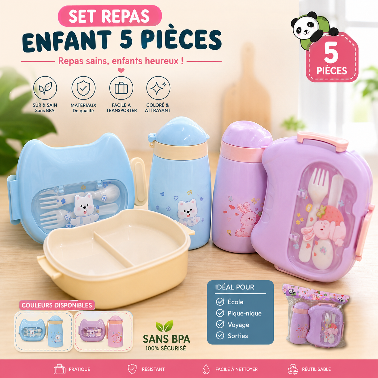 Set Repas Enfant 5 Pièces Panda 2 couleurs bleu et violet — Boîte + Thermos + Couverts Sans BPA