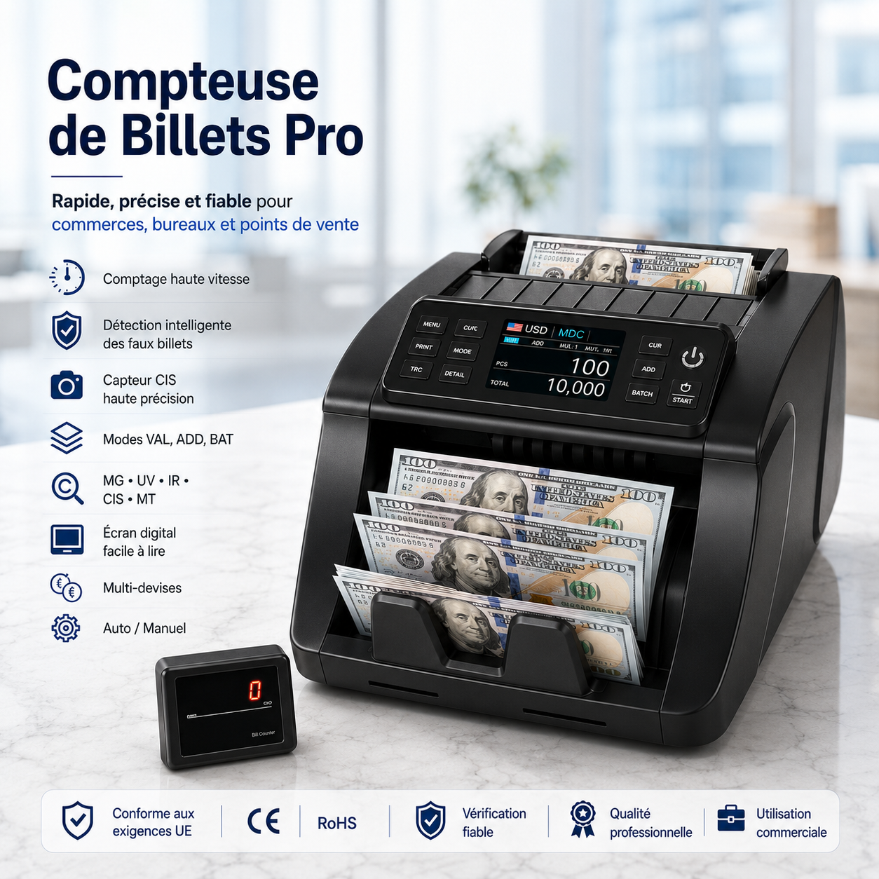 Compteuse de Billets Pro — Détection faux billets MG UV IR CIS, multi-devises, écran digital, CE RoHS