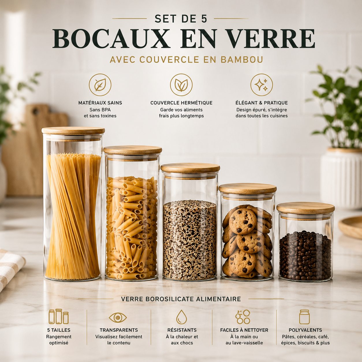 Set de 5 Bocaux en Verre Borosilicate avec Couvercle Hermétique en Bambou — Sans BPA, 5 tailles