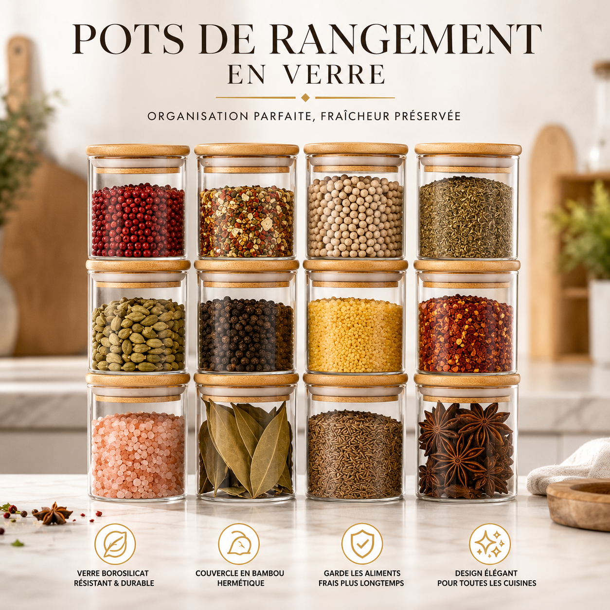 Pots de Rangement en Verre Borosilicate avec Couvercle Bambou Hermétique — Épices, légumineuses, céréales