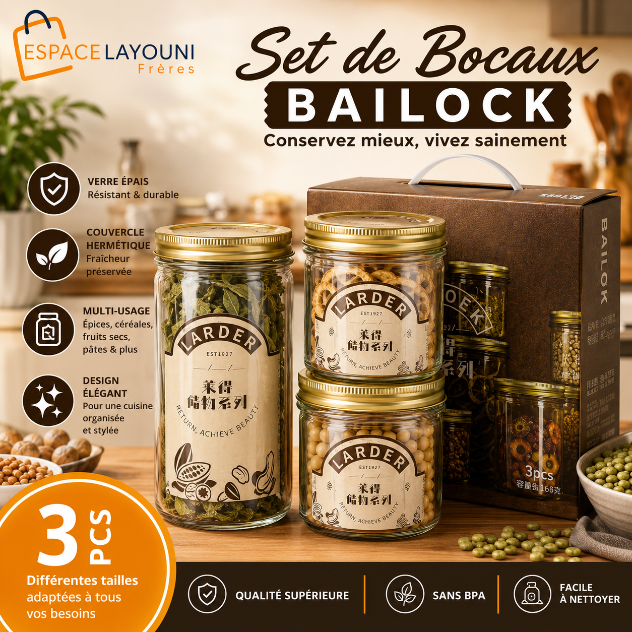 Set de Bocaux BAILOCK 3 Pièces en verre épais avec couvercle hermétique
