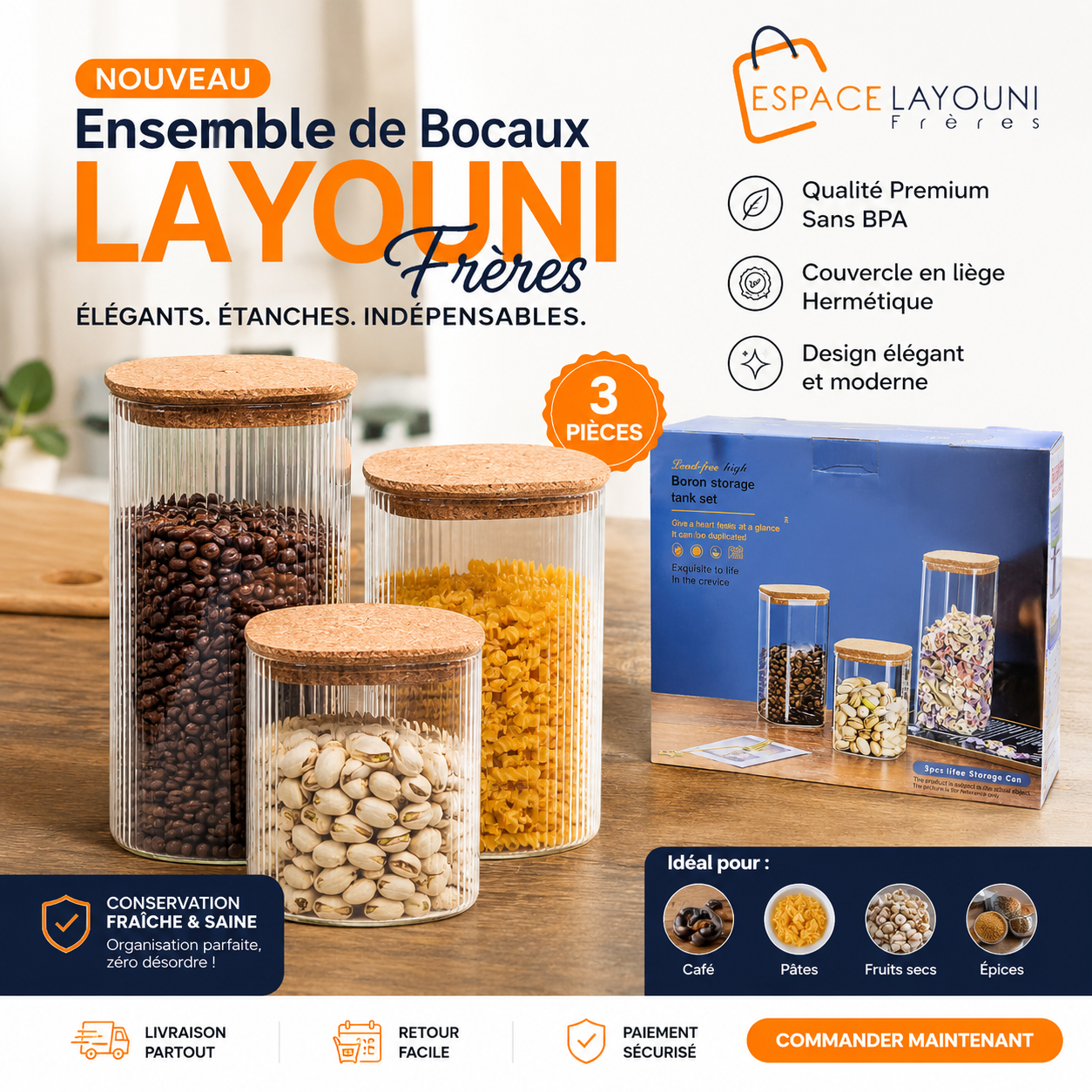 Ensemble de Bocaux Layouni Frères 3 Pièces avec couvercle en liège hermétique