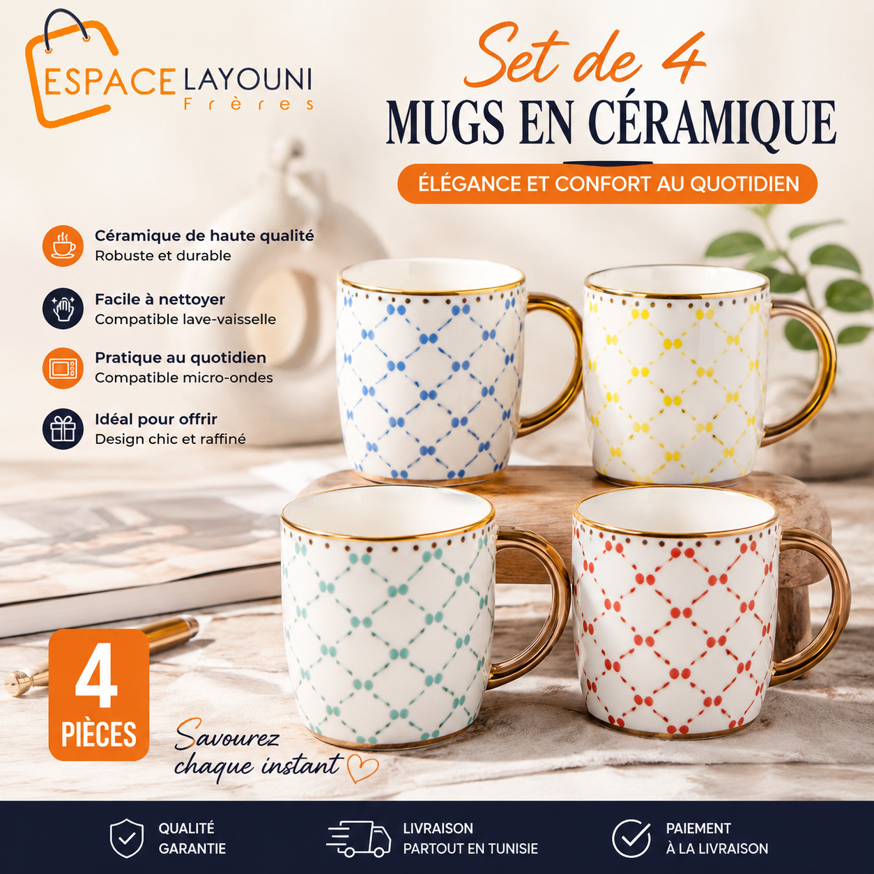 Set de 4 Mugs en Céramique avec anse dorée — 4 couleurs assorties