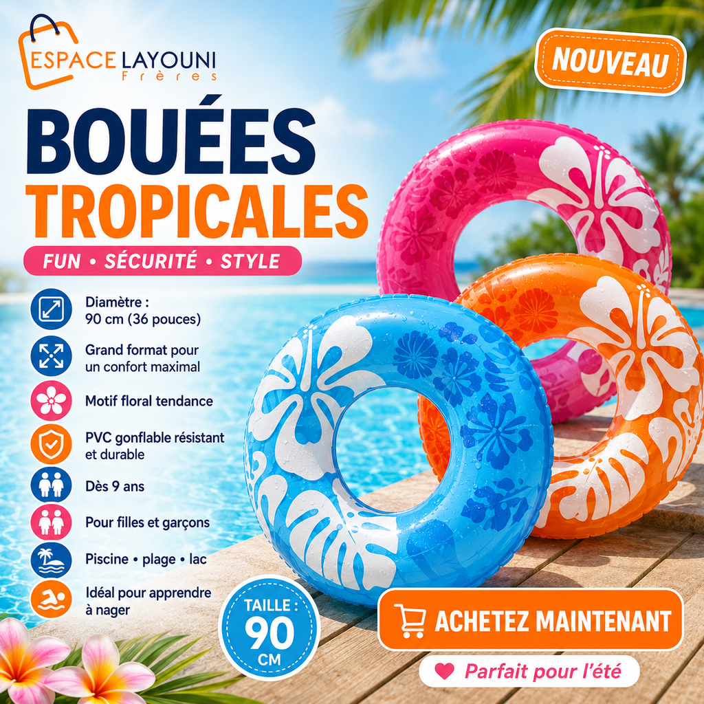 Bouée Gonflable Florale Transparente – Anneau de Natation 90 cm (9 ans et +)