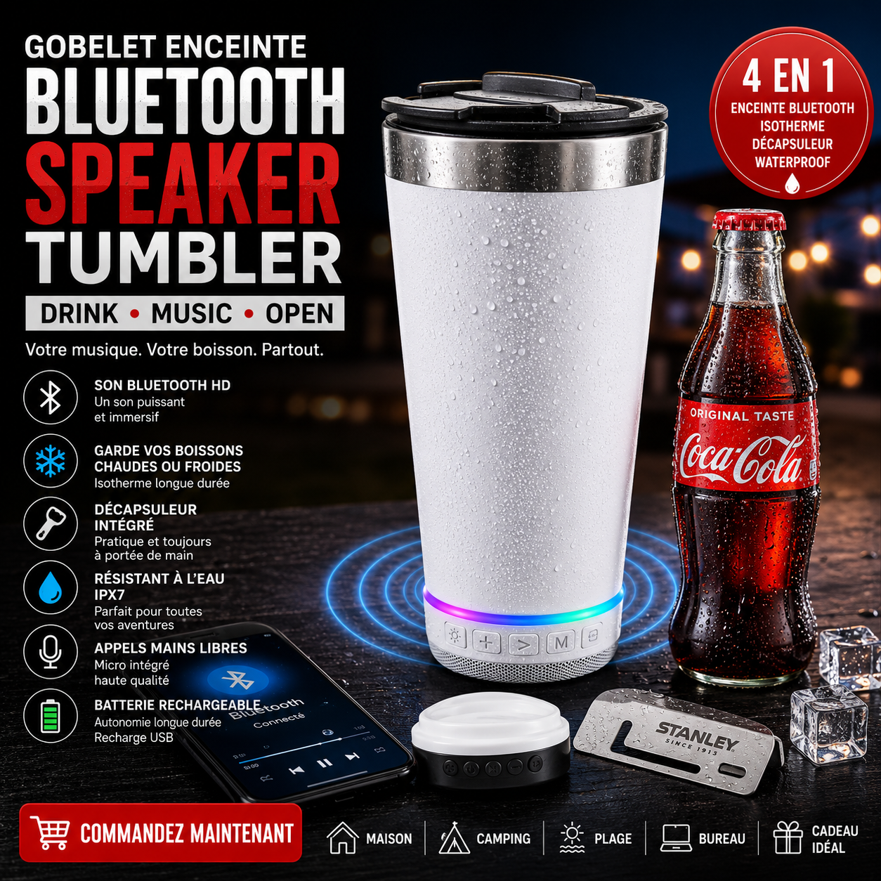 Gobelet Enceinte Bluetooth 4-en-1 — Isotherme, Waterproof & Décapsuleur