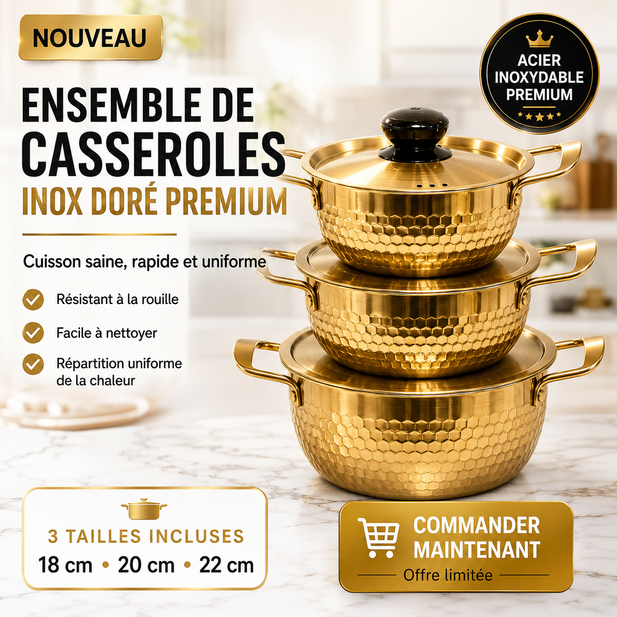 Série De 3 Faitouts en Acier inoxydable
