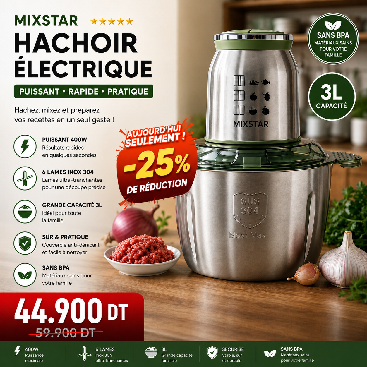 Hachoir Électrique MIXSTAR 3L – 400W | 6 Lames Inox