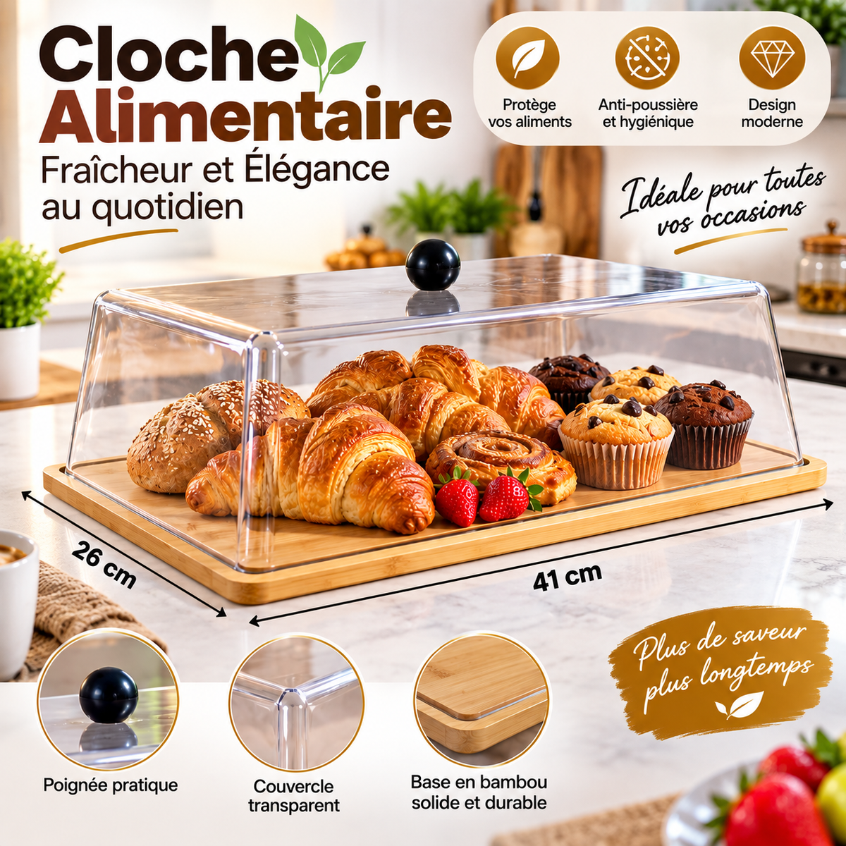 Cloche Alimentaire en Bambou 41×26 cm — base bambou solide, couvercle transparent anti-poussière, design moderne