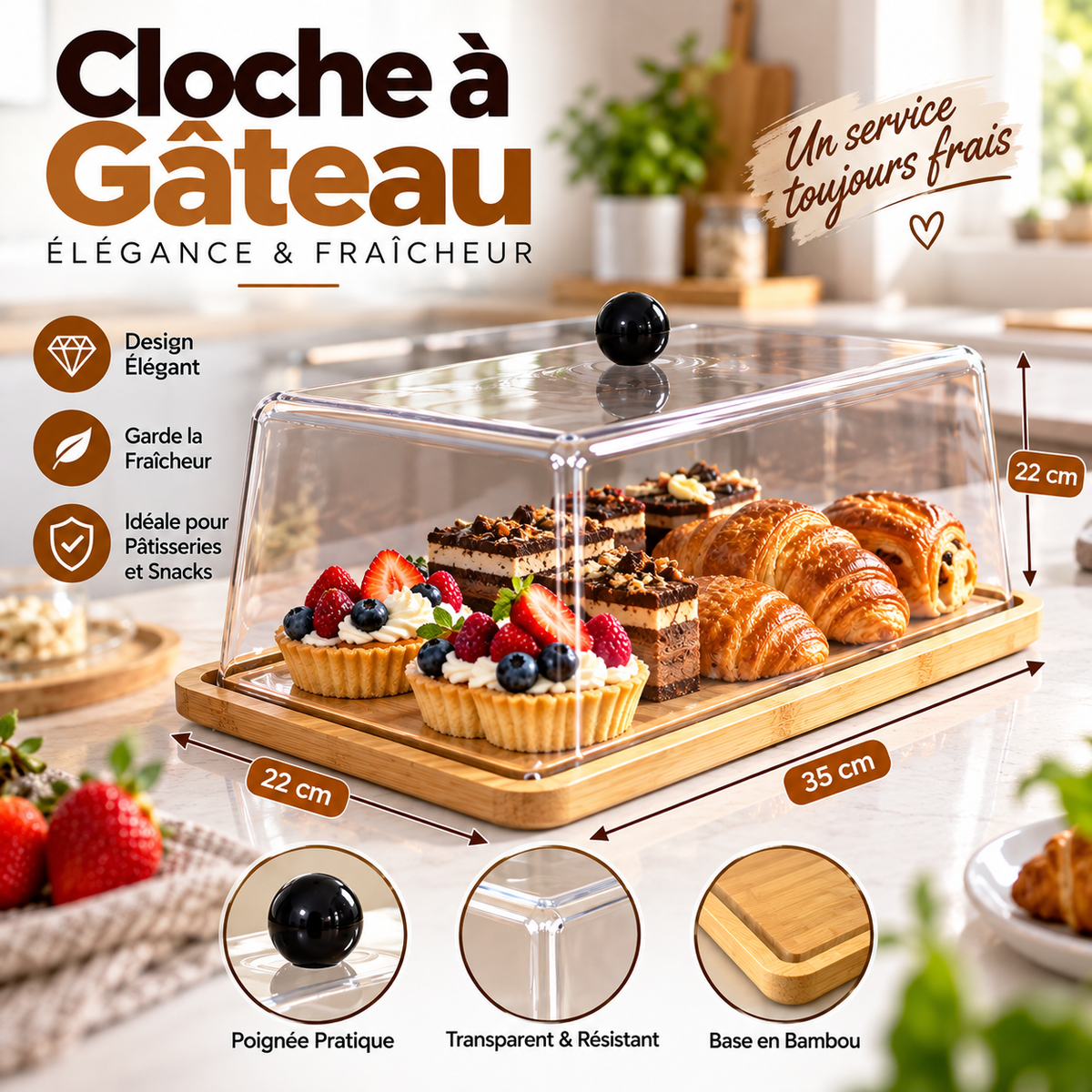 Cloche à Gâteau Rectangulaire 35×22×22 cm — base bambou naturel et couvercle transparent, idéale pâtisseries et snacks