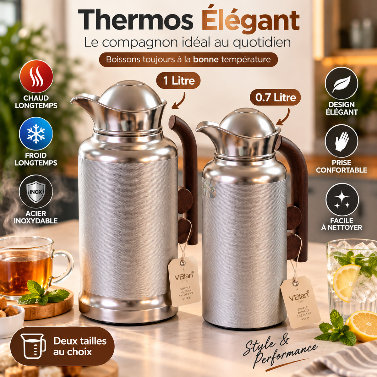 Thermos Élégant VBlan Acier Inoxydable — 2 tailles 0.7L et 1L, chaud & froid longtemps, design élégant texturé