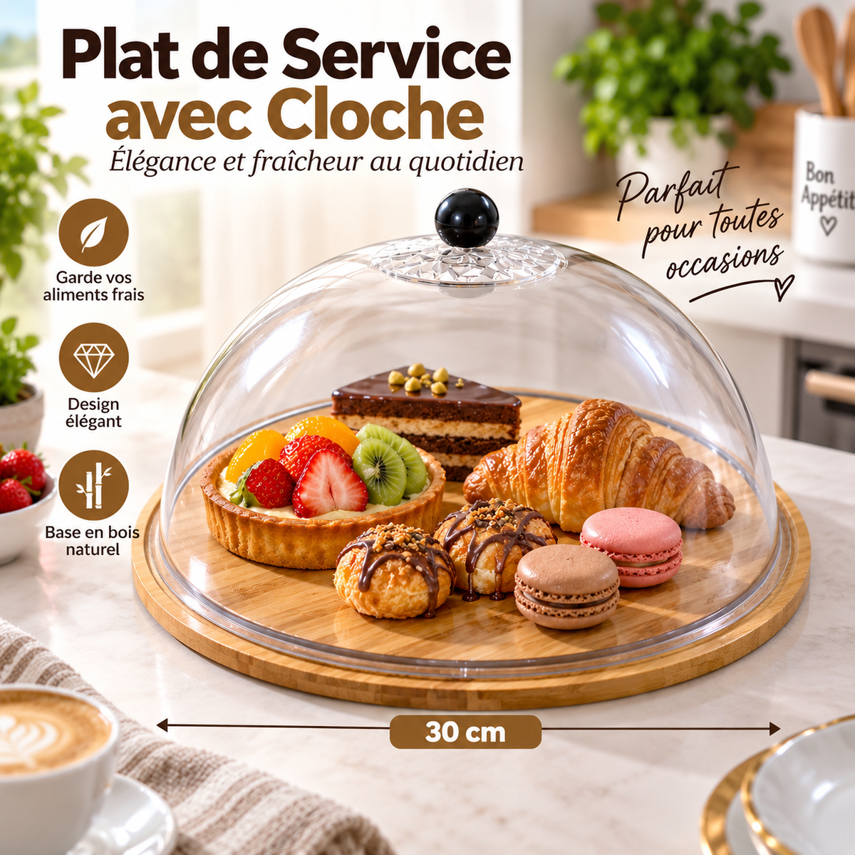 Plat de Service avec Cloche Ø 30 cm — base bois naturel et cloche transparente, élégant et pratique