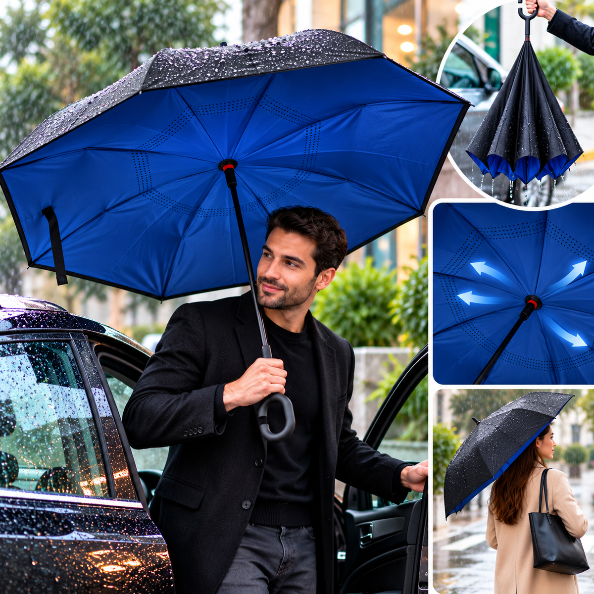 Parapluie inversé à intérieur bleu foncé