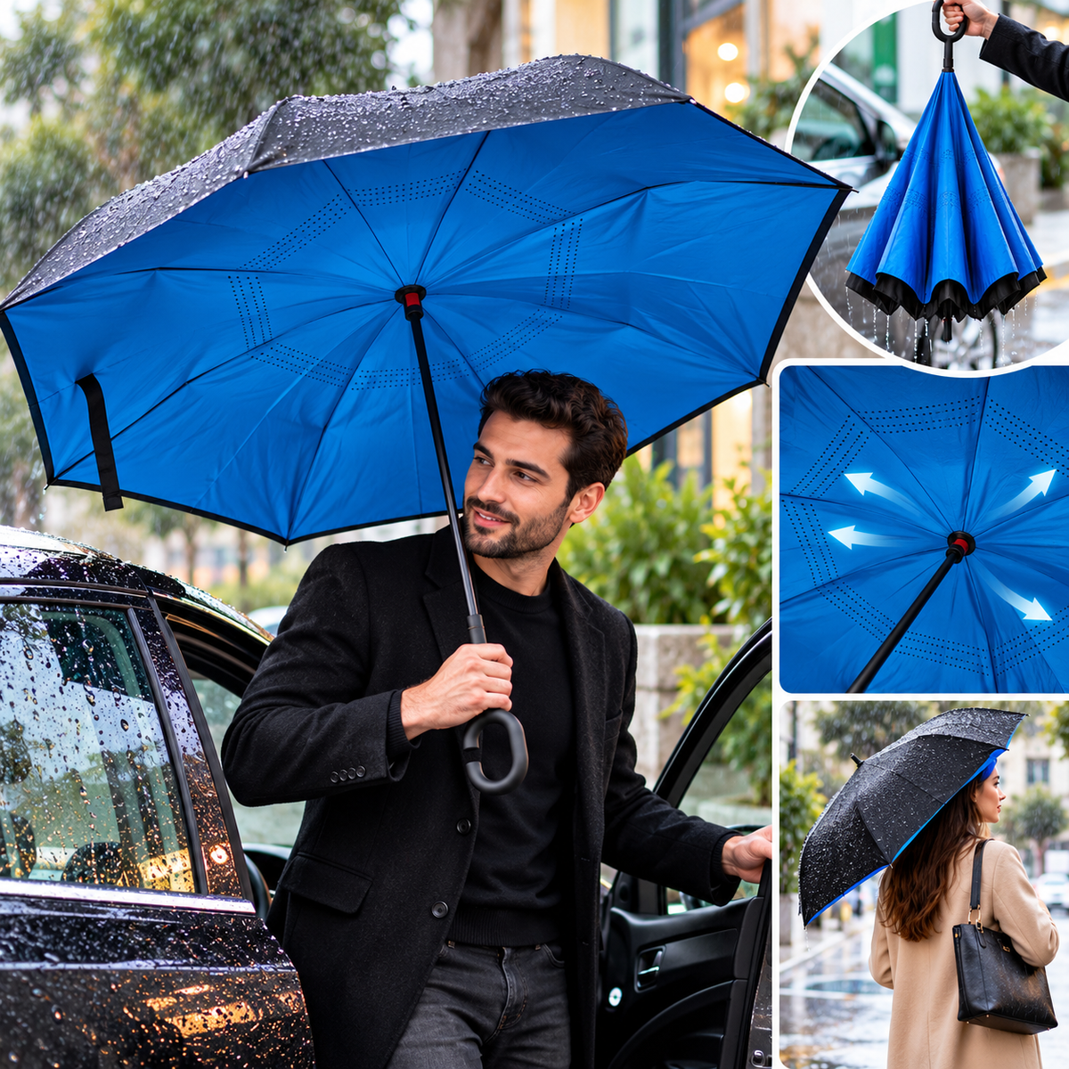 Parapluie inversé à intérieur bleu