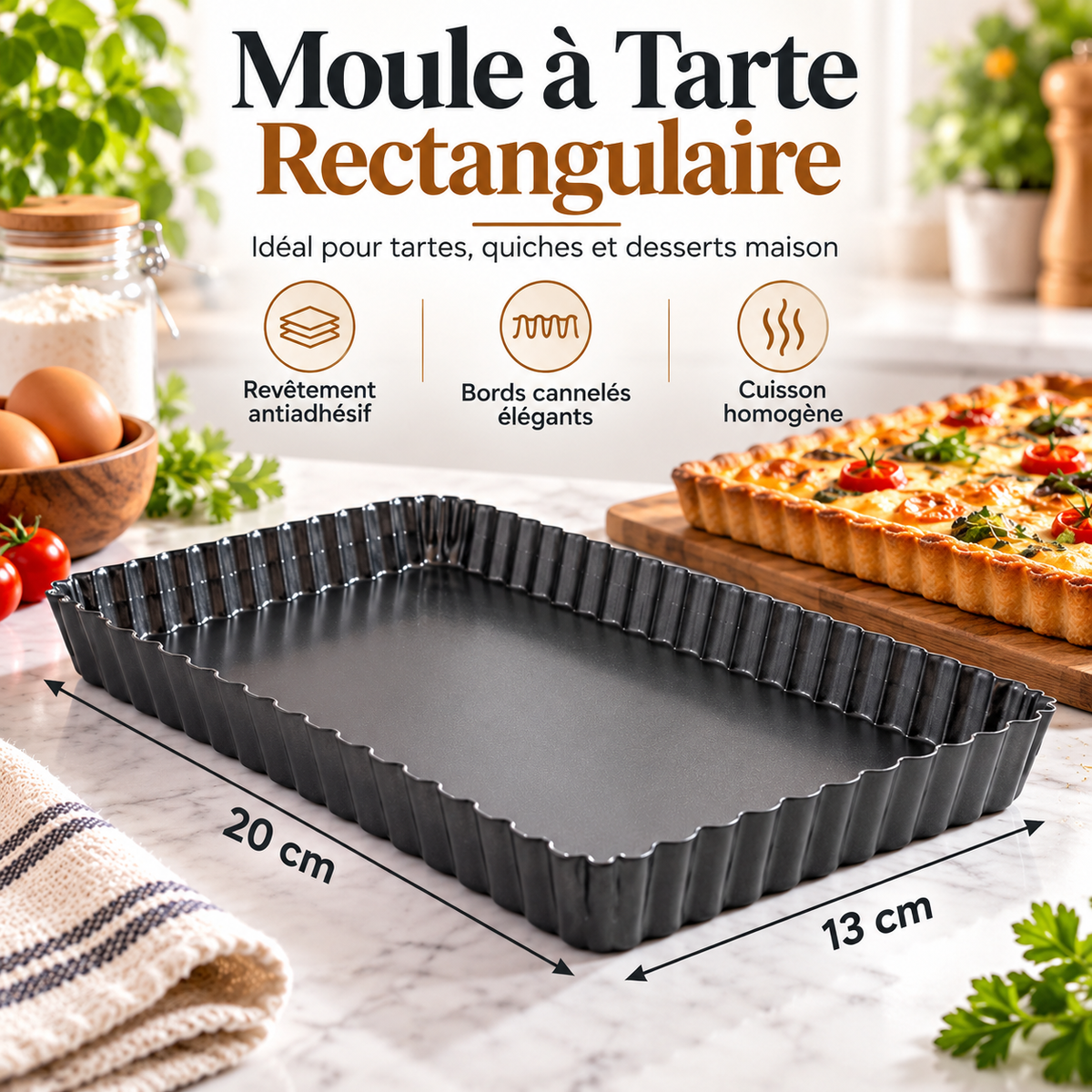 Moule à Tarte Rectangulaire 20×13 cm — antiadhésif, bords cannnelés élégants, cuisson homogène