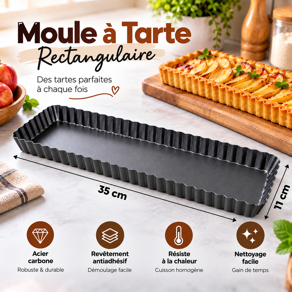 Moule à Tarte Rectangulaire 35×11 cm — acier carbone antiadhésif, bords cannnelés, cuisson homogène