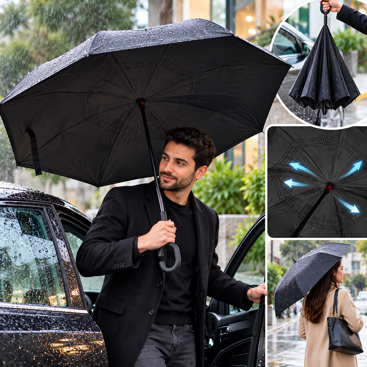 Parapluie inversé noir avec poignée en C et détails du pliage
