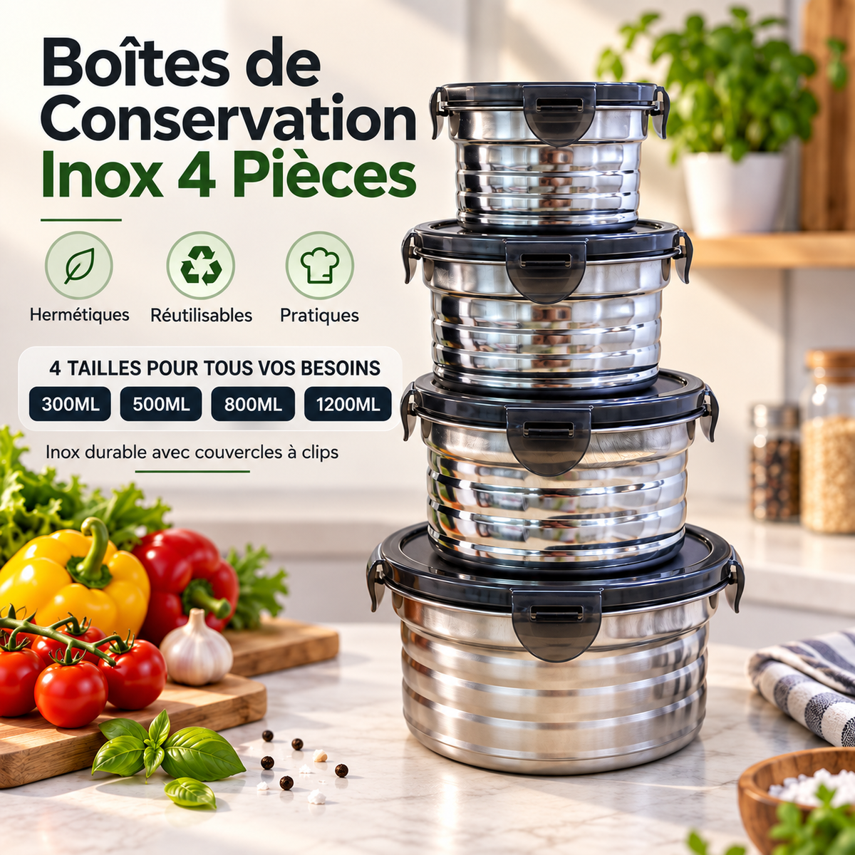 Lot de boîtes alimentaires en acier inoxydable avec couvercle