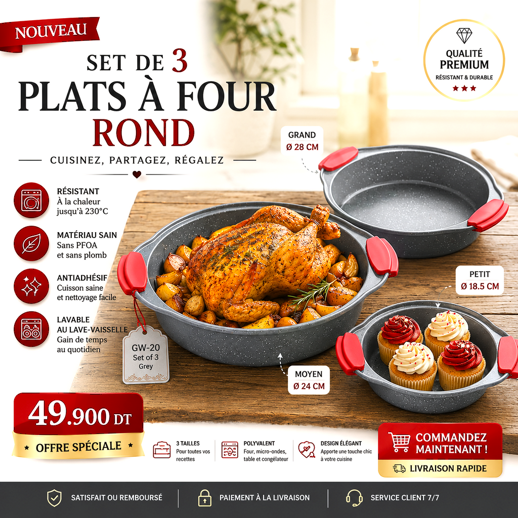 Set De 3 Plats à Four Rond