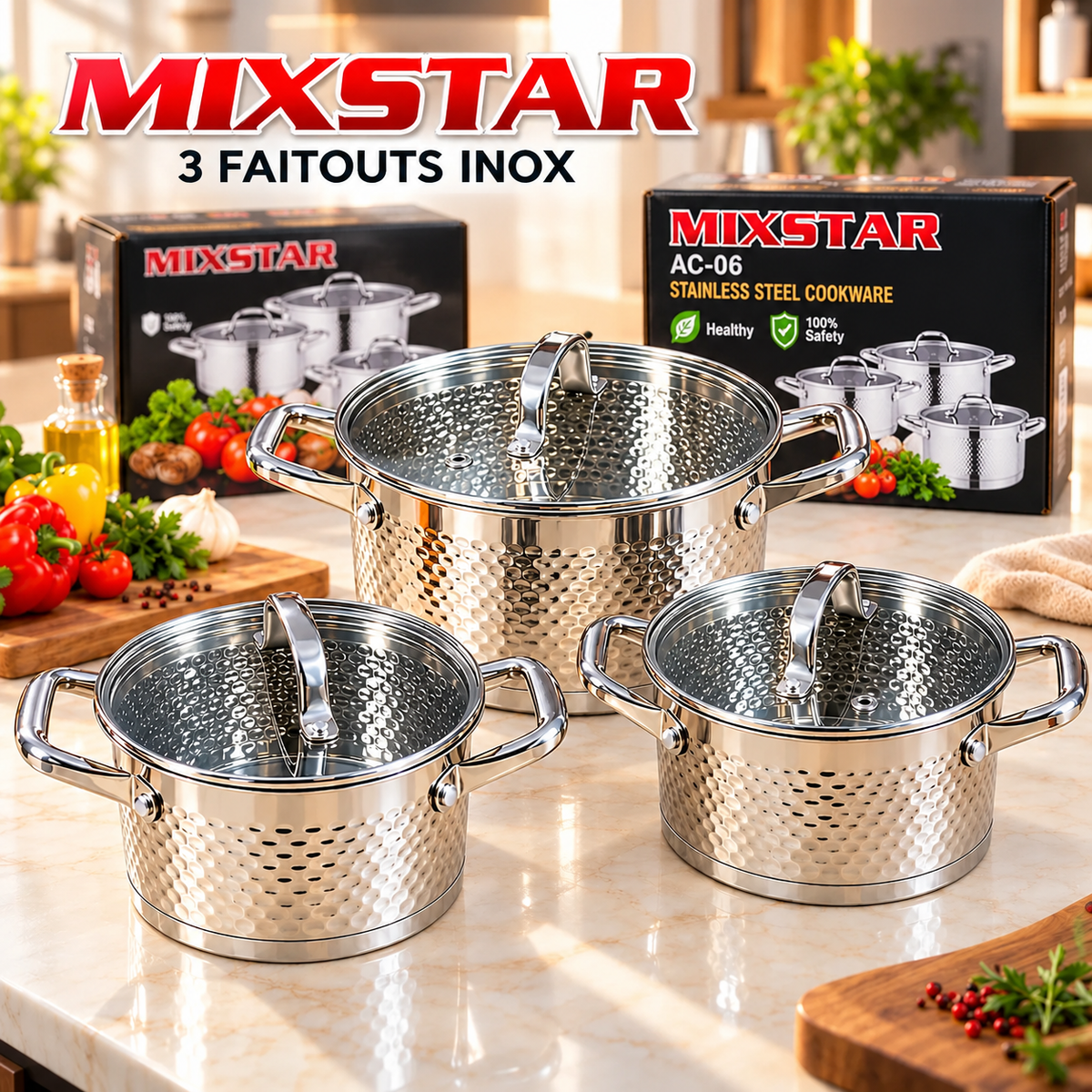 MIXSTAR AC-06 – Set de 3 Faitouts Inox avec Couvercles