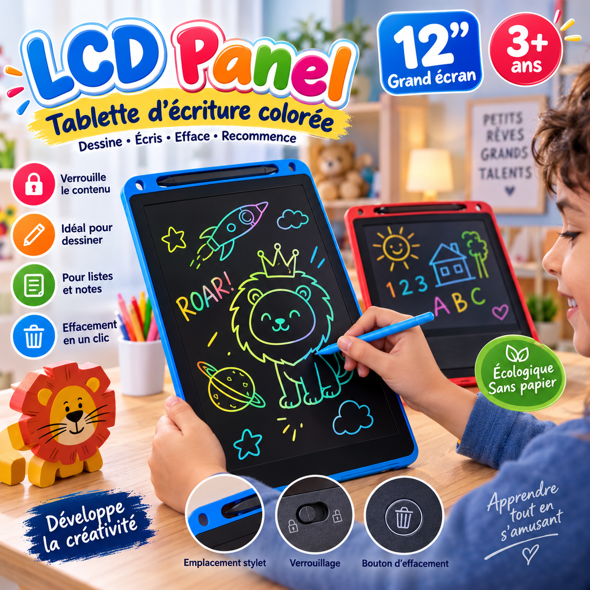 Tablette de dessin et d’écriture créative 12″ – Bloc notes numérique LCD
