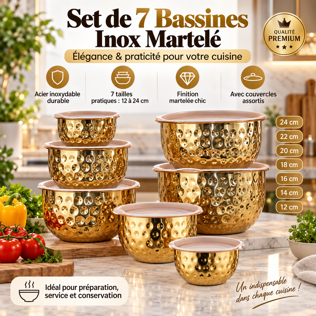 7 Bols Inoxydable Martelé avec Couvercle