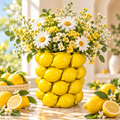Vase jaune sculptural composé de formes de citrons, présenté avec un bouquet de fleurs blanches et jaunes