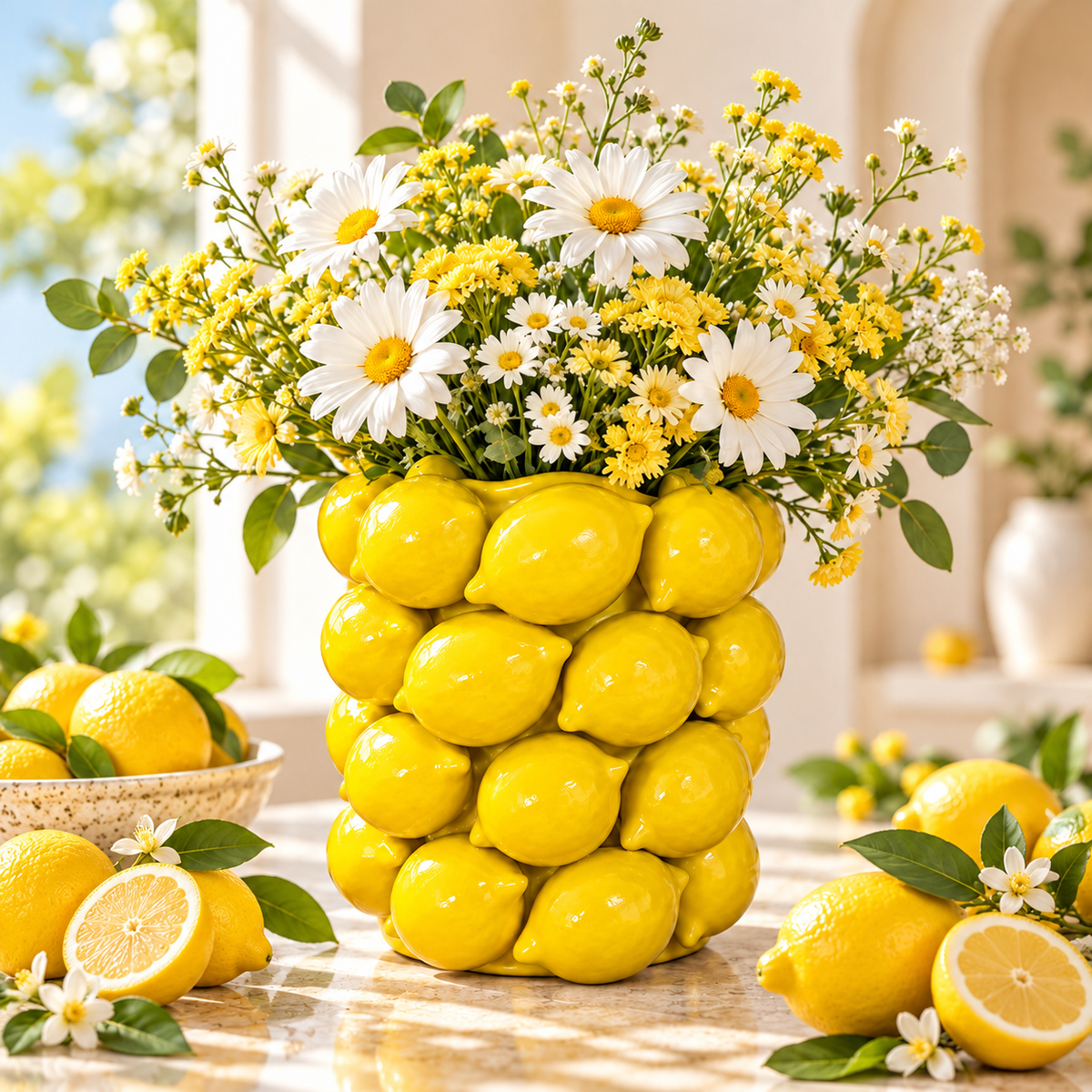 Vase jaune sculptural composé de formes de citrons, présenté avec un bouquet de fleurs blanches et jaunes