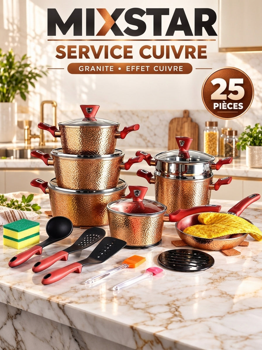 MIXSTAR Service Cuivre 25 Pièces — Batterie de Cuisine Premium Effet Cuivre Martelé 🍳✨