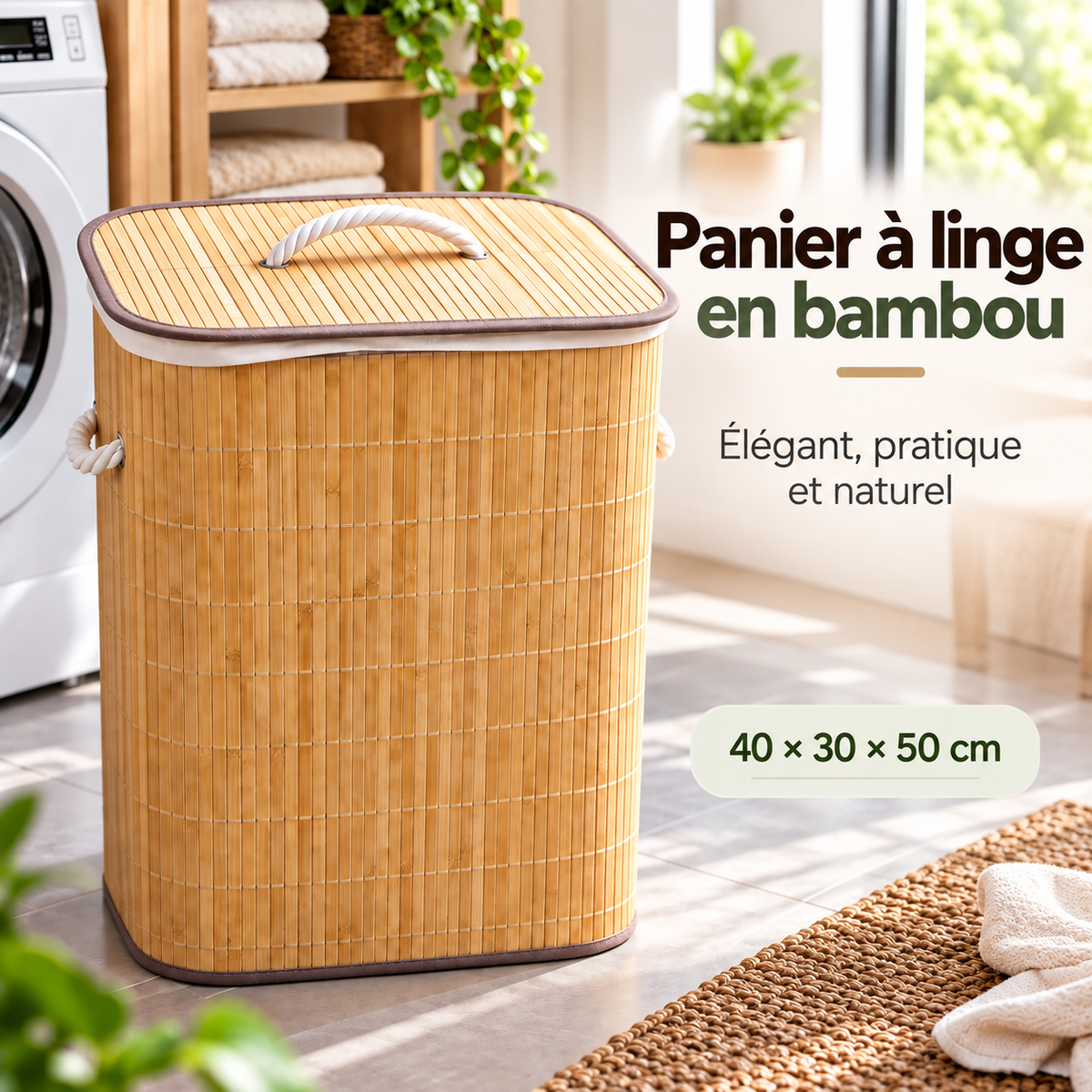 Panier à Linge Rectangulaire en Bambou avec Couvercle 40 × 30 × 50 cm