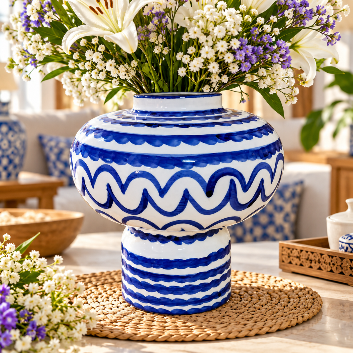 Vase blanc et bleu au motif ondulé avec un bouquet de fleurs, décor élégant pour la maison