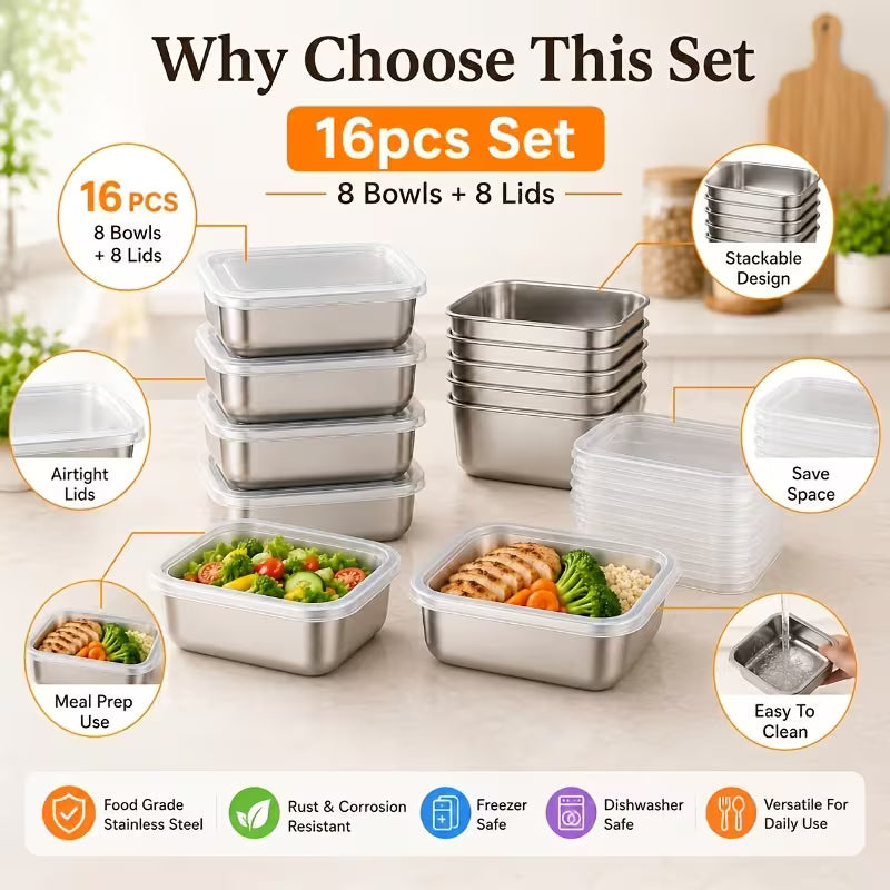 Boîtes de Conservation en Inox — 8 Pièces avec Couvercles | Cuisine Organisée