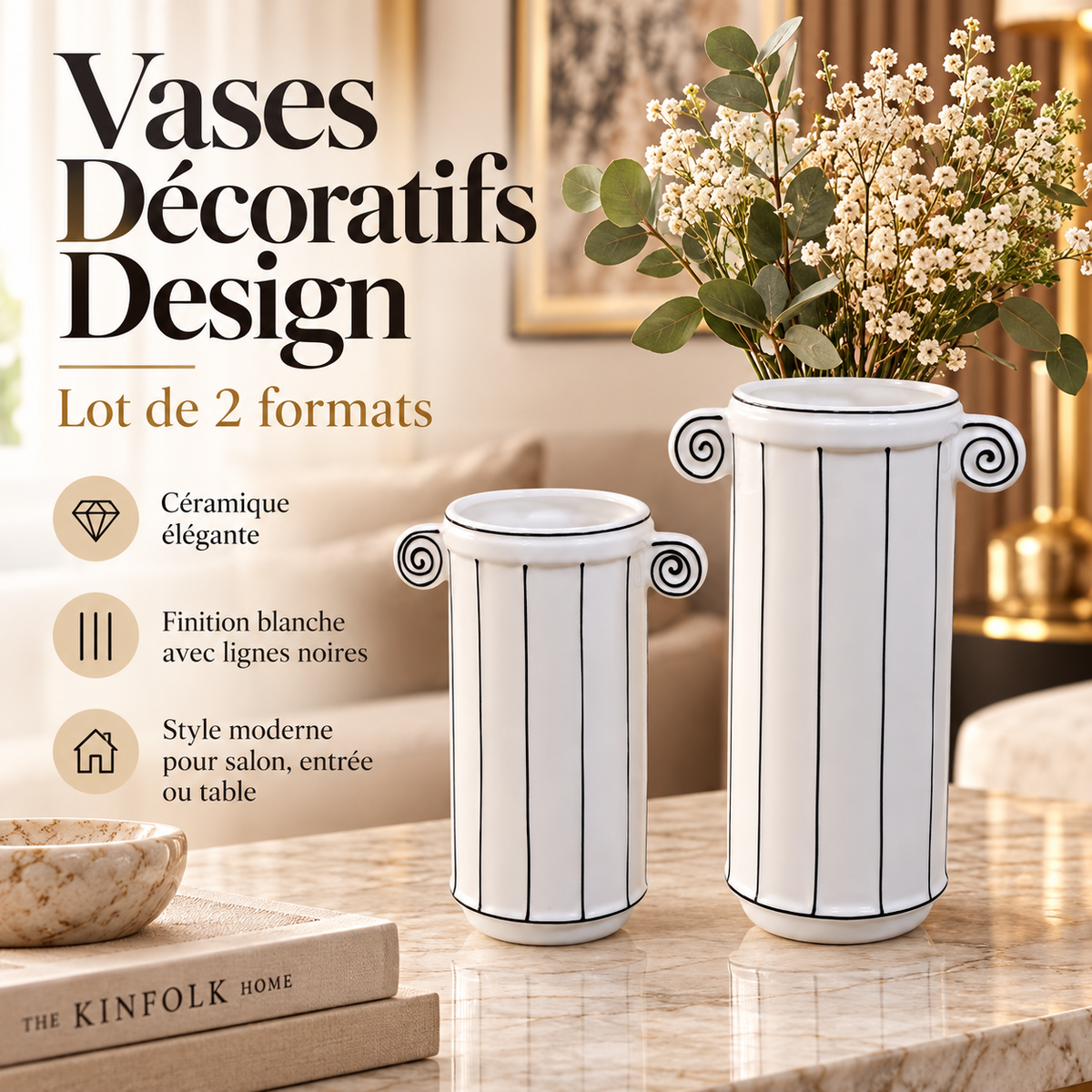 Deux vases décoratifs en céramique blanche avec lignes noires et anses en volutes, en deux formats