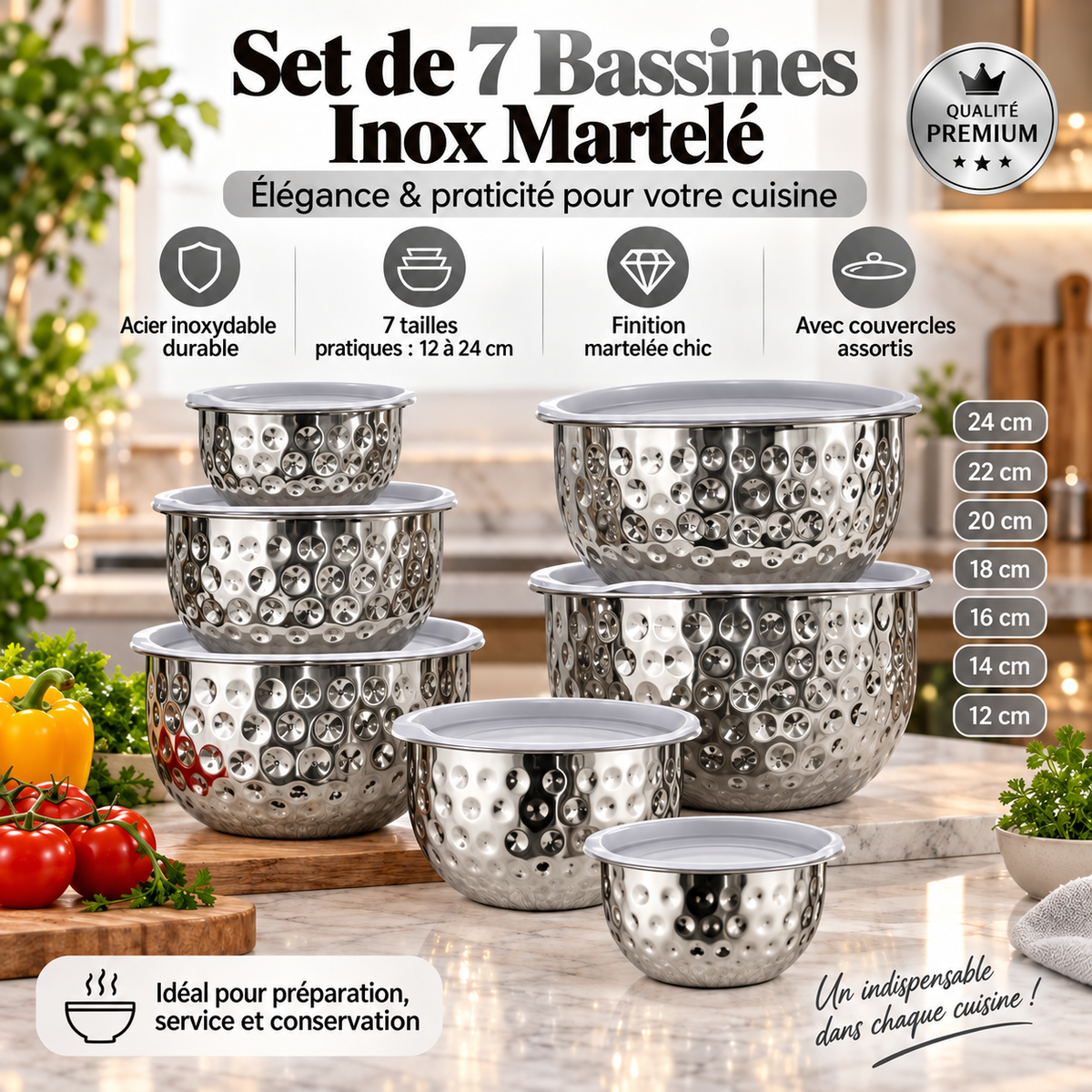 7 Bols Inoxydable Martelé avec Couvercle