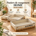 Paniers de Rangement HOME — structure métal blanc + osier, doublure tissu beige, set 3 tailles, inscription HOME décorative