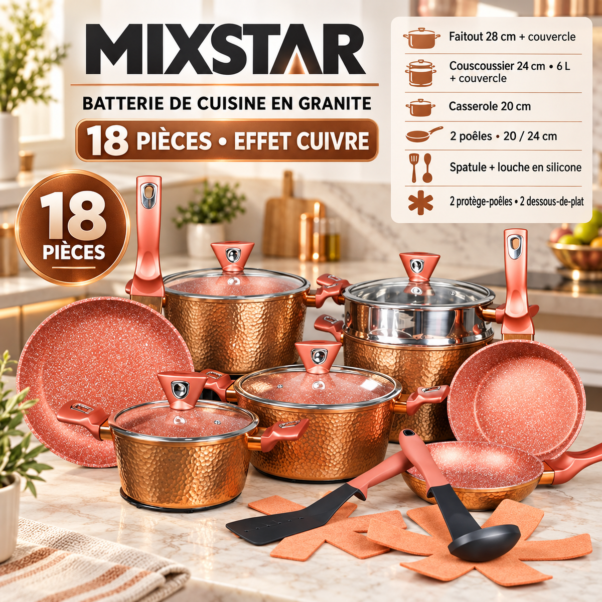 Batterie de Cuisine MIXSTAR Granite 18 Pièces Effet Cuivre — Faitout, couscoussier, casserole, 2 poêles, spatule, louche