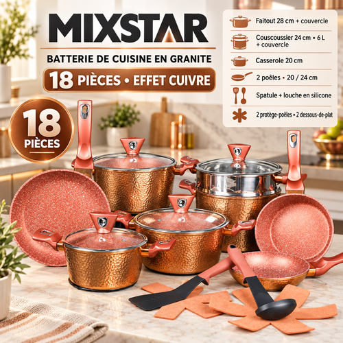 Batterie de Cuisine MIXSTAR Granite 18 Pièces Effet Cuivre — Faitout, couscoussier, casserole, 2 poêles, spatule, louche